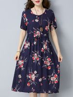 Casual Women Flower Printed Short Sleeve Waist Drawstring Dress