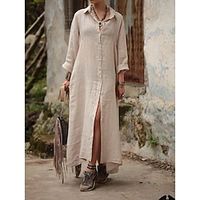 Women's Shirt Dress Casual Dress Cotton Linen Dress Maxi long Dress Linen Cotton Blend Basic Modern Daily Weekend Shirt Collar Button Long Sleeve Summer Spring Loose Fit ArmyGreen Apricot Plain S M L Lightinthebox