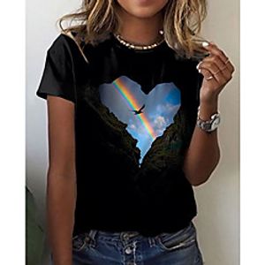 Women's 3D Printed Painting T shirt Rainbow Heart 3D Print Round Neck Basic Tops Black Lightinthebox