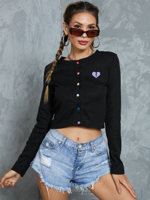 Black Colorful Buttons Front Heart Pattern Long Sleeves Knitwear Black Colorful Buttons Front Heart Pattern Long Sleeves Knitwear