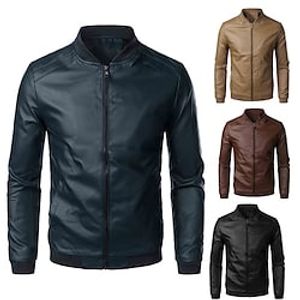 Men's Faux Leather Jacket Biker Jacket Motorcycle Jacket Warm Daily Wear Vacation Going out Zipper Standing Collar Comfort Leisure Jacket Outerwear Solid / Plain Color Zipper Pocket Black Blue Brown miniinthebox