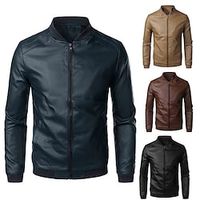 Men's Faux Leather Jacket Biker Jacket Motorcycle Jacket Warm Daily Wear Vacation Going out Zipper Standing Collar Comfort Leisure Jacket Outerwear Solid / Plain Color Zipper Pocket Black Blue Brown miniinthebox - thumbnail