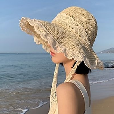 Elegant BeigeKhaki Straw Hat With Lace Lanyard Wide Brim Ruffle Sun Hats Breathable Travel Beach Hats For Women Girls Summer Outdoor Holiday Lightinthebox