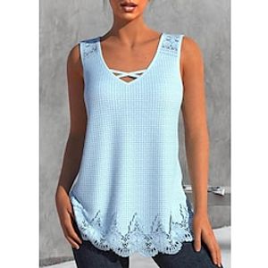 Women's Tank Top White Blue Plain Lace Sleeveless Casual Basic V Neck Regular S miniinthebox