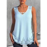 Women's Tank Top White Blue Plain Lace Sleeveless Casual Basic V Neck Regular S miniinthebox - thumbnail