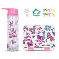 Eazy Kids 5 & 4 Convertible Bento Lunch Box With 550Ml Double Wall Water Bottle And Spoon Fork Set - Its Girl Thing Pink