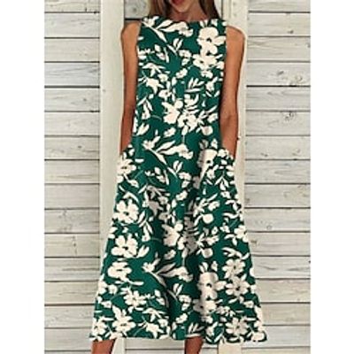 Women's Casual Dress Knee Length Dress Green White Black Blue Pink Sleeveless Floral Pocket Patchwork Print Summer Square Neck Casual Boho 2022 S M L XL miniinthebox