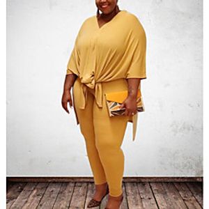 Women's Plus Size Tops Set Plain Bow Half Sleeve V Neck Spring Summer Yellow Blushing Pink Gray Big Size L XL XXL 3XL 4XL / Holiday miniinthebox