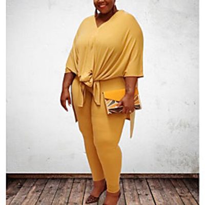 Women's Plus Size Tops Set Plain Bow Half Sleeve V Neck Spring Summer Yellow Blushing Pink Gray Big Size L XL XXL 3XL 4XL / Holiday miniinthebox