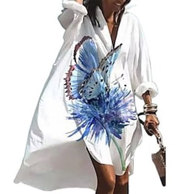 Women's Swing Dress Short Mini Dress White Blue Long Sleeve Floral Print Fall Spring Shirt Collar Casual 2022 S M L XL XXL Lightinthebox