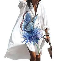 Women's Swing Dress Short Mini Dress White Blue Long Sleeve Floral Print Fall Spring Shirt Collar Casual 2022 S M L XL XXL Lightinthebox - thumbnail