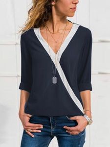 Navy Patchwork Crossed Front Design V-neck Long Sleeves Blouse