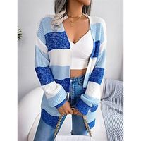 Women's Cardigan Crew Neck Ribbed Knit Acrylic Knitted Fall Winter Regular Outdoor Daily Going out Fashion Casual Soft Long Sleeve Color Block Striped Black Wine Blue S M L Lightinthebox - thumbnail