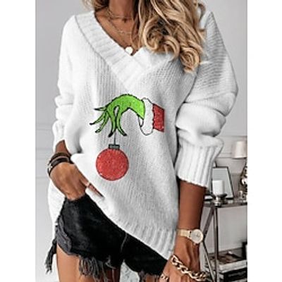 Women's Christmas Sweater V Neck Jumper Crochet Knit Regular Print Stylish Casual Christmas Drop Shoulder Fall Winter Green Beige S M L Lightinthebox