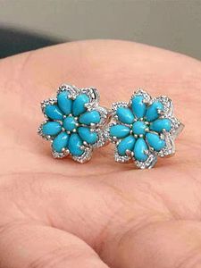 Bohemian Vintage Turquoise Snow Flower Diamond Antique Silver Earrings