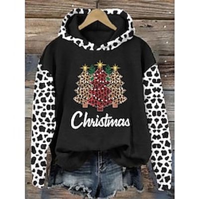 Women's Hoodie Sweatshirt Pullover Christmas Sweatshirt Sportswear Festival Print Black White Leopard Christmas Tree Christmas Casual Hoodie Long Sleeve Top Micro-elastic Fall  Winter Lightinthebox
