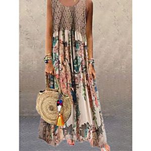 foreign trade cross-border european and american independent station printing hit color stitching round neck sleeveless long dress Lightinthebox