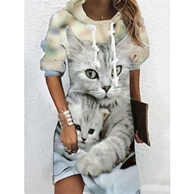 Women's Casual Dress Hoodie Dress Shift Dress Mini Dress White Yellow Brown Long Sleeve Animal Print Winter Fall Spring Hooded Fashion Daily 2022 S M L XL XXL 3XL miniinthebox
