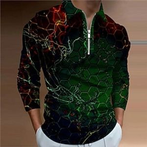 Men's Polo Shirt Golf Shirt Gradient Abstract Graphic Prints Geometry Turndown Green Blue 3D Print Outdoor Street Long Sleeve Zipper Print Clothing Apparel Sports Fashion Streetwear Designer Lightinthebox