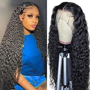 Human Hair 13x4 Lace Front Wig Free Part Brazilian Hair water Wave Black Wig 180% Density with Baby Hair Glueless Pre-Plucked For wigs for black women Long Human Hair Lace Wig Lightinthebox