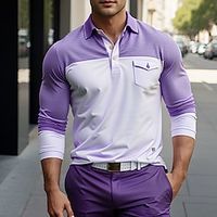 Men's Polo Shirt Button Up Polos Casual Holiday Classic Long Sleeve Fashion Basic Color Block Pocket Summer Regular Fit Purple Polo Shirt Lightinthebox - thumbnail