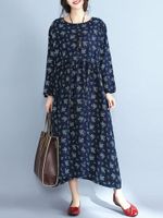 Vintage Casual Women Long Sleeve O-Neck Floral Print Dresses