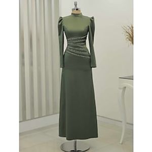 A-Line Evening Gown Christmas Elegant Dress Formal Ankle Length Long Sleeve High Neck Satin with Glitter Ruched 2023 Lightinthebox