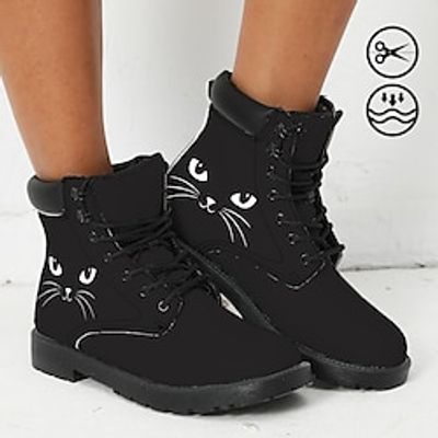 Women's Boots Print Shoes Combat Boots Animal Print Daily Booties Ankle Boots Flat Heel Round Toe Closed Toe Fashion Casual Faux Leather Lace-up Cat Black Pink Blue Lightinthebox
