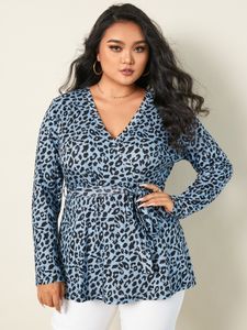 Plus Size V-neck Leopard Belt Design Wrap Design Long Sleeves Blouse