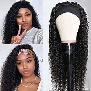 Human Hair Wig Long Kinky Curly With Headband Natural Easy dressing Best Quality New Capless Brazilian Hair Women's Natural Black #1B 12 inch 14 inch 16 inch Party Evening Daily Thanksgiving Lightinthebox