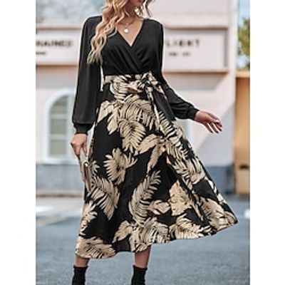 Women's Casual Dress Winter Dress Chiffon Dress Leaf Lace up Split V Neck Midi Dress Fashion Streetwear Outdoor Date Long Sleeve Loose Fit Black Green Beige Fall Winter S M L XL XXL Lightinthebox