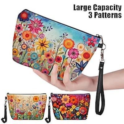 Women's Makeup Bag Wristlet Cosmetic Bag PU Leather Party Holiday Travel Print Pen Bag Large Capacity Foldable Lightweight Flower Light Yellow Dark Red Blue miniinthebox