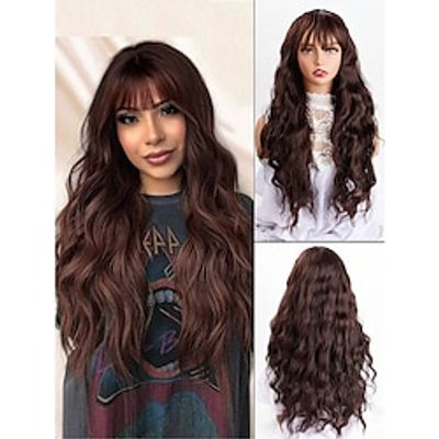 Long full bangs, large curly wavy wig, dark brown 28-inch women's wig, fluffy natural synthetic fiber synthetic wig suitable for daily wear Lightinthebox Long full bangs, large curly wavy wig, dark brown 28-inch women's wig, fluffy natural synthetic fiber synthetic wig suitable for daily wear Lightinthebox