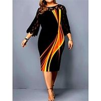 Women's Plus Size Party Dress Cocktail Dress Wedding Guest Dress Midi Dress Yellow 34 Length Sleeve Striped Lace Spring Fall Winter Crew Neck Fashion Wedding Guest Birthday Vacation 2023 L XL XXL Lightinthebox - thumbnail