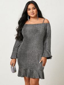 YOINS Plus Size Halloween Glitter Cold Shoulder Long Sleeves Mini Dress