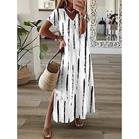 Women's Long Dress Maxi Dress Casual Dress Shift Dress Striped Casual Outdoor Daily Holiday Split Short Sleeve V Neck Dress Regular Fit White Spring Summer S M L XL XXL Lightinthebox - thumbnail