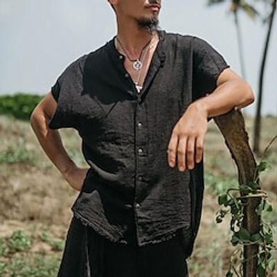 Men's Linen Shirt Shirt Button Up Shirt Summer Shirt Beach Shirt Black Red Army Green Short Sleeve Plain Collar Summer Street Hawaiian Clothing Apparel Lightinthebox