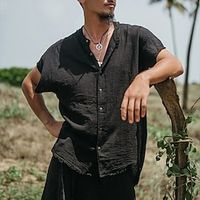 Men's Linen Shirt Shirt Button Up Shirt Summer Shirt Beach Shirt Black Red Army Green Short Sleeve Plain Collar Summer Street Hawaiian Clothing Apparel Lightinthebox