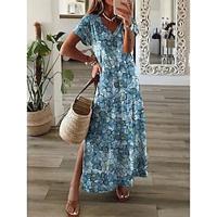 Women's Casual Dress Summer Dress Floral Graphic Split Print V Neck Long Dress Maxi Dress Streetwear Holiday Vacation Short Sleeve Summer Lightinthebox