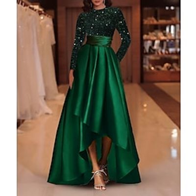 A-Line Cocktail Dresses Sparkle Dress Christmas Red Green Dress Wedding Guest Asymmetrical Long Sleeve Jewel Neck Satin with Sequin 2023 Lightinthebox