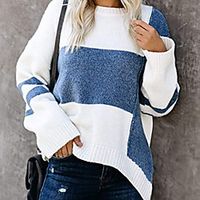 Women's Vintage Plaid / Check Pullover Sweater Long Sleeve Sweater Cardigans Round Neck Blue Gray khaki miniinthebox - thumbnail