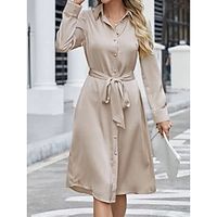 Women's Shirt Dress Casual Dress Satin Dress Midi Dress Button With Belt Outdoor Street Daily Fashion Streetwear Shirt Collar Long Sleeve 2023 Regular Fit Apricot Color S M L XL XXL Size Lightinthebox - thumbnail