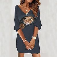 Women's Casual Dress Shift Dress Mini Dress Gray 34 Length Sleeve Animal Print Winter Fall Spring V Neck Fashion Daily 2022 S M L XL XXL 3XL Lightinthebox - thumbnail
