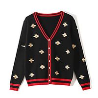 Women's Bee Cardigan Long Sleeve Sweater Cardigans V Neck White Black miniinthebox - thumbnail