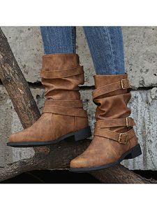 Plain Round Toe Outdoor Buckle Mid-cut Flat Boots