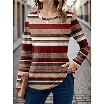 Women's T shirt Tee Striped Black Pink Red Print Long Sleeve Daily Going out Fashion Round Neck Regular Fit Spring   Fall Lightinthebox