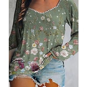 Women's Plus Size Tops T shirt Tee Floral Print Long Sleeve V Neck Streetwear Daily Vacation Polyester Fall Winter Green Gray Lightinthebox