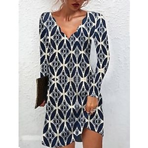 Women's Casual Dress T Shirt Dress Tee Dress Print Dress Geometric Print Scalloped Neck Mini Dress Elegant Ethnic Holiday Vacation Long Sleeve Regular Fit Navy Blue Fall Winter S M L XL XXL Lightinthebox