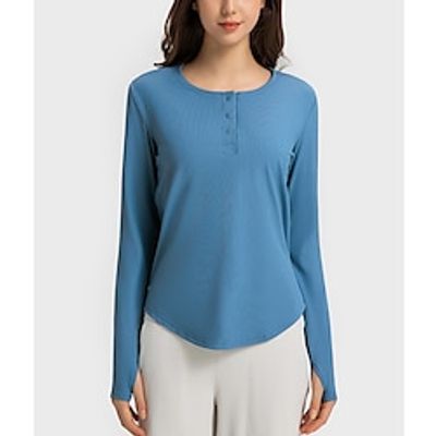 Women's Running T-Shirt Henley Shirt Solid Color Button Ribbed Black White Pink Yoga Fitness Crew Neck Long Sleeve High Elasticity Spring   Fall Lightinthebox