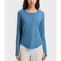 Women's Running T-Shirt Henley Shirt Solid Color Button Ribbed Black White Pink Yoga Fitness Crew Neck Long Sleeve High Elasticity Spring   Fall Lightinthebox - thumbnail